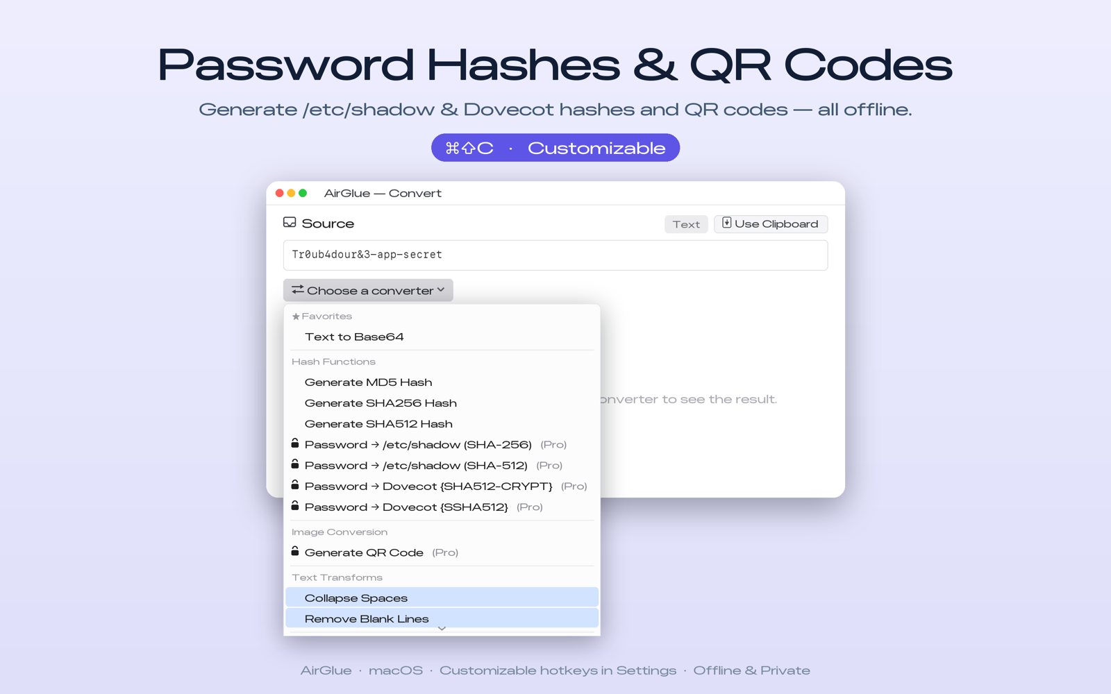 Hash per password (/etc/shadow, Dovecot) e QR code